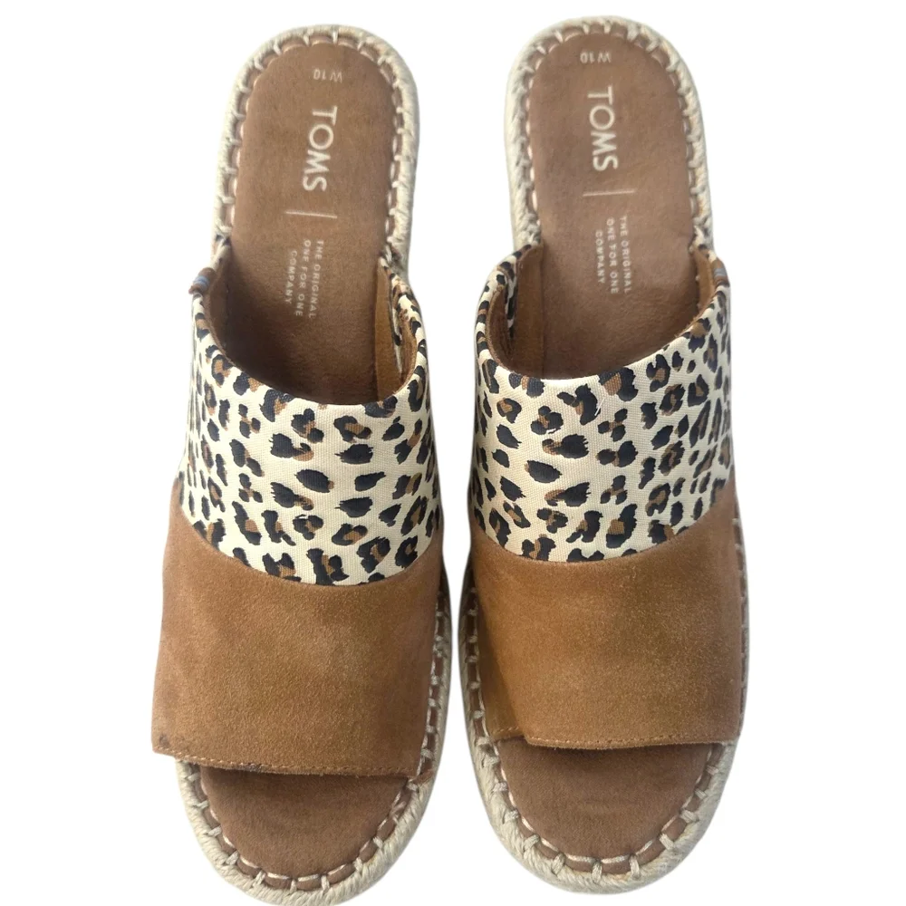 TOMS Monica Suede Espadrille Wedge Sandals NEW Leopard Print Womens 10 Brown